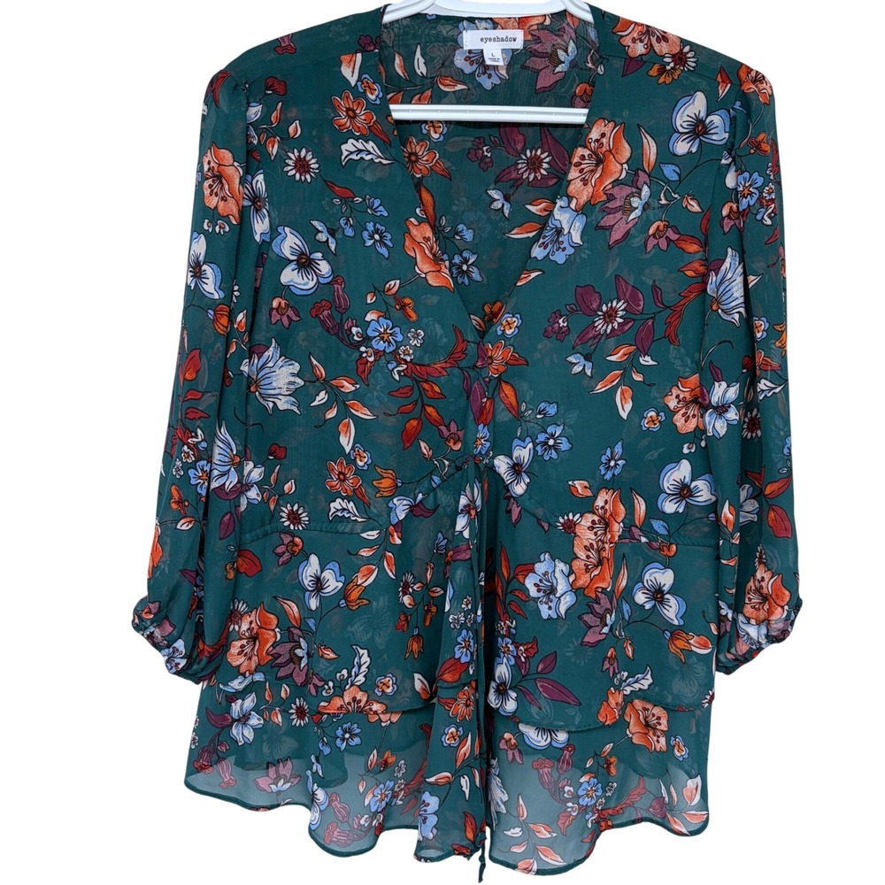 Eyeshadow Floral Ruffle Blouse‎ Large Womens Green Sheer Layered 3/4 Sleeves